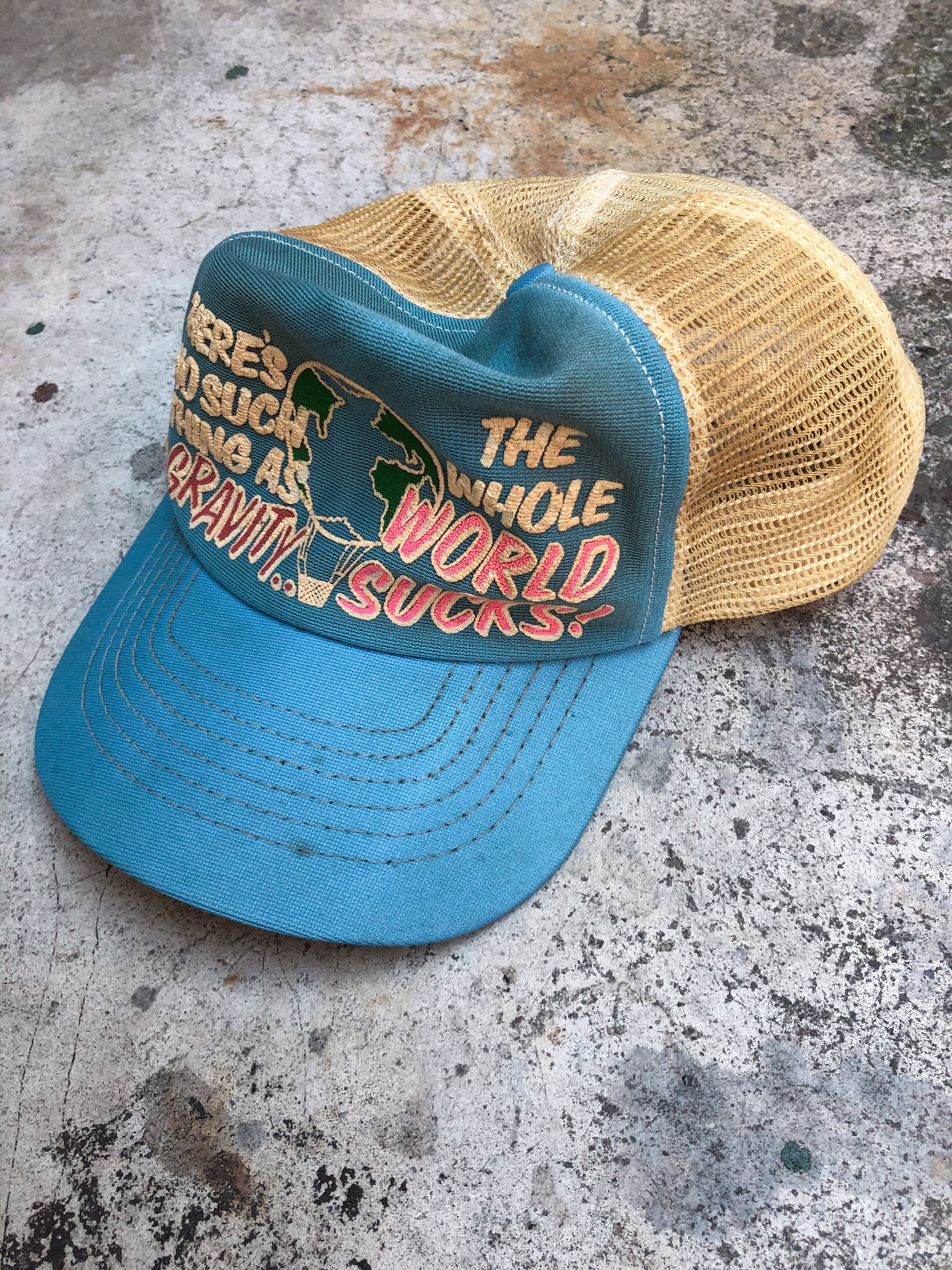 1980s Blue “The Whole World Sucks!” Trucker Hat