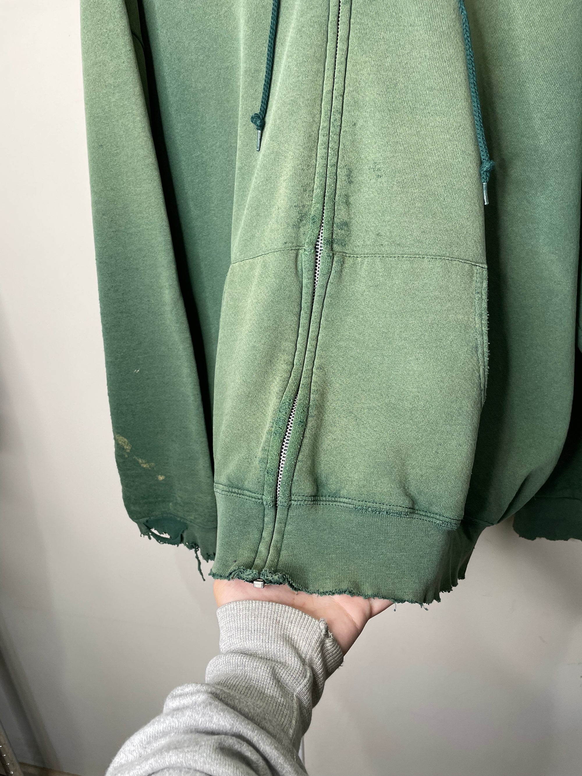 1990s Distressed Sun Faded Green Zip Up Hoodie (L)