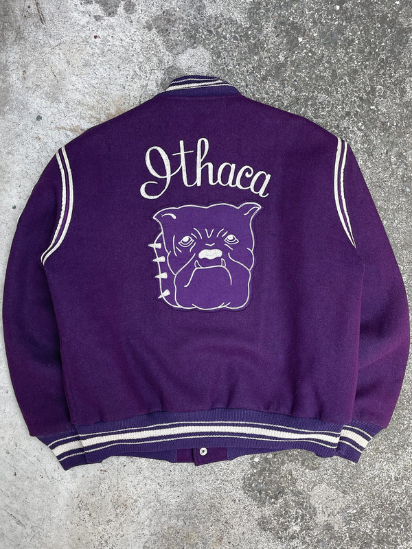 1970s “Ithaca” Chain Stitched Purple Varsity Jacket