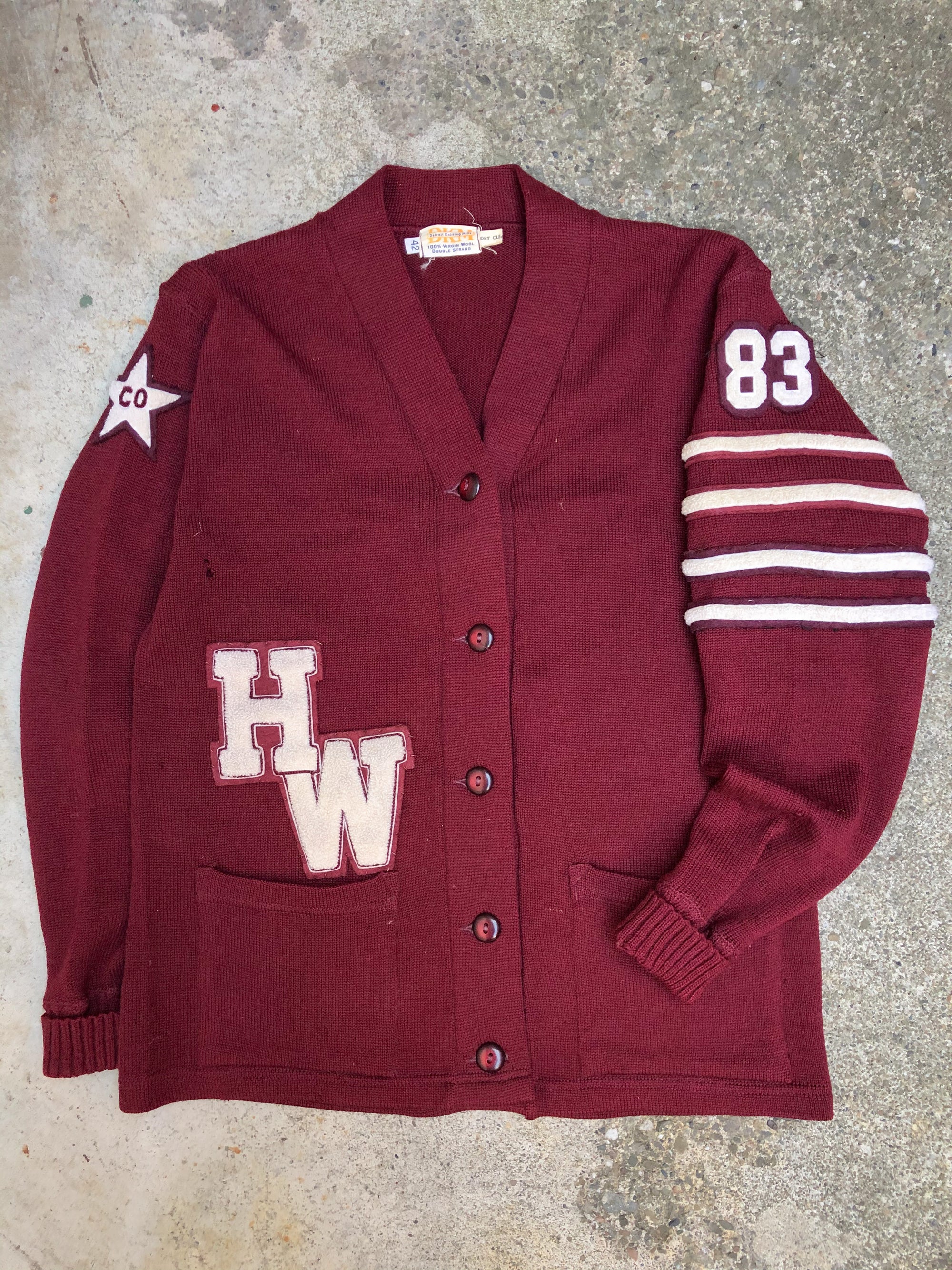 1980s Maroon Chain Stitch “Pioneers” Varsity Cardigan