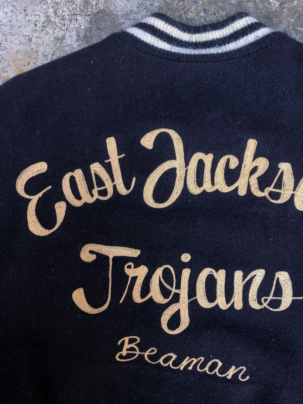 1980s Navy Chain Stitch “East Jackson Trojans” Varsity Jacket