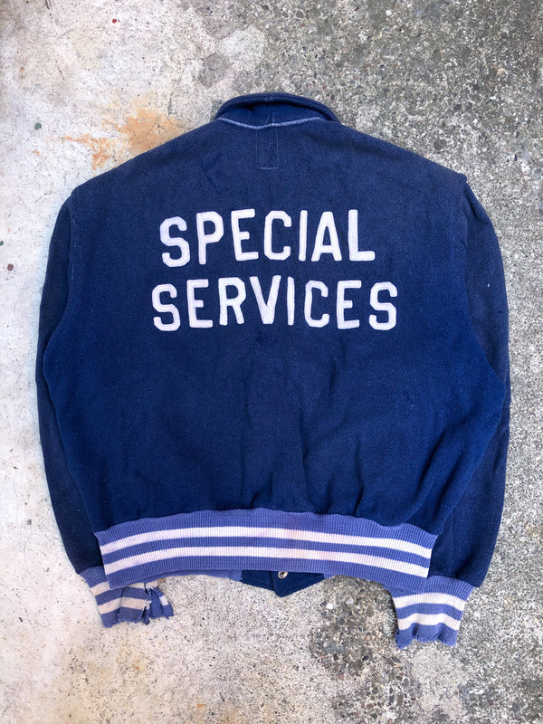 1950s Faded Blue Chain Stitch “Special Services” Varsity Jacket (M)
