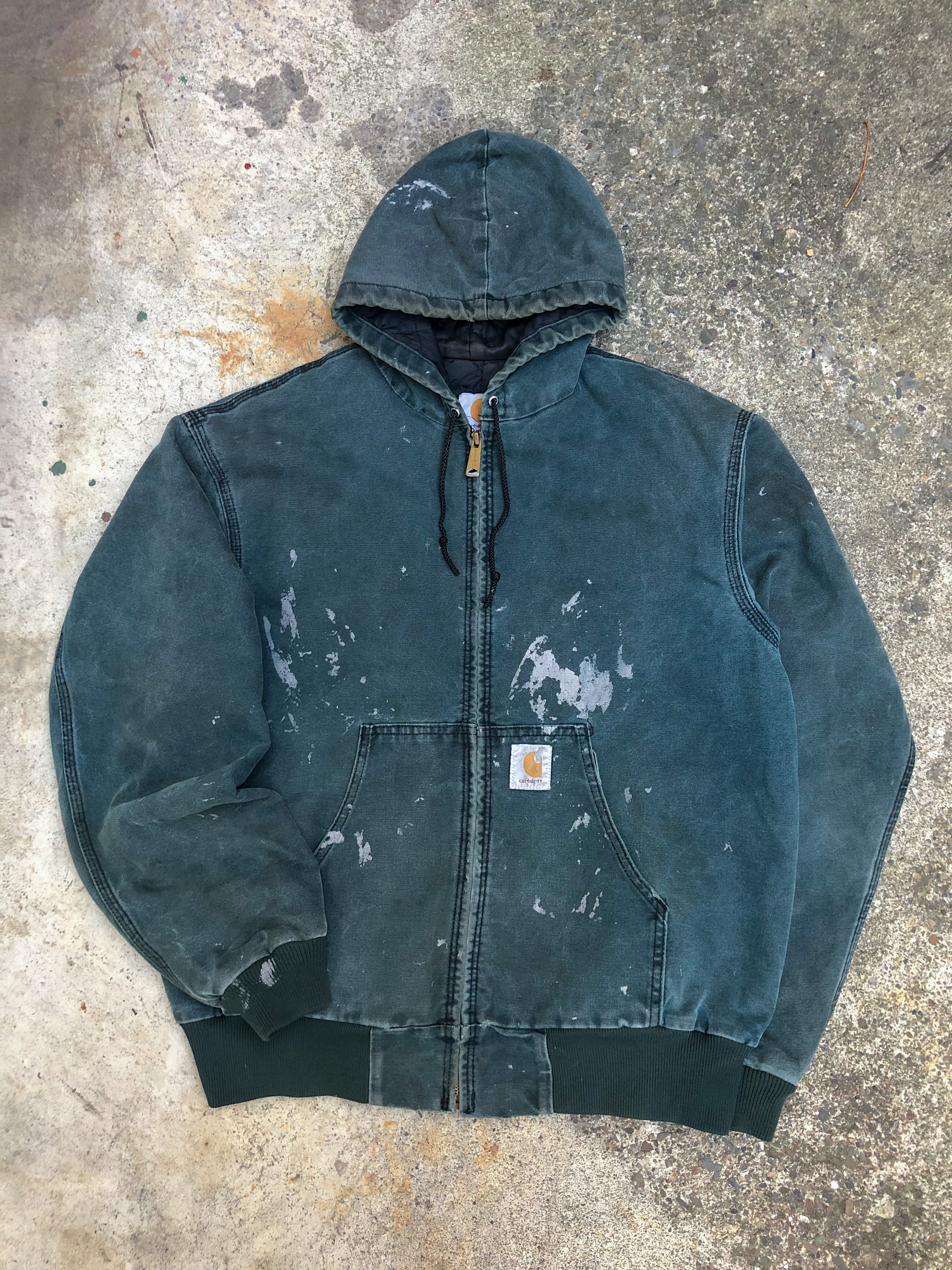 1990s Carhartt Painted Faded Teal Quilted Hooded Jacket (L)