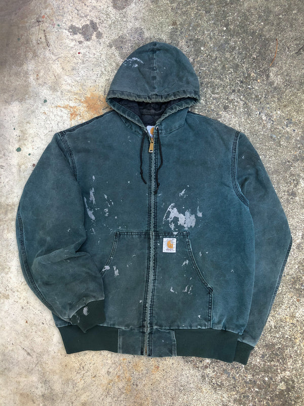 1990s Carhartt Painted Faded Teal Quilted Hooded Jacket (L)