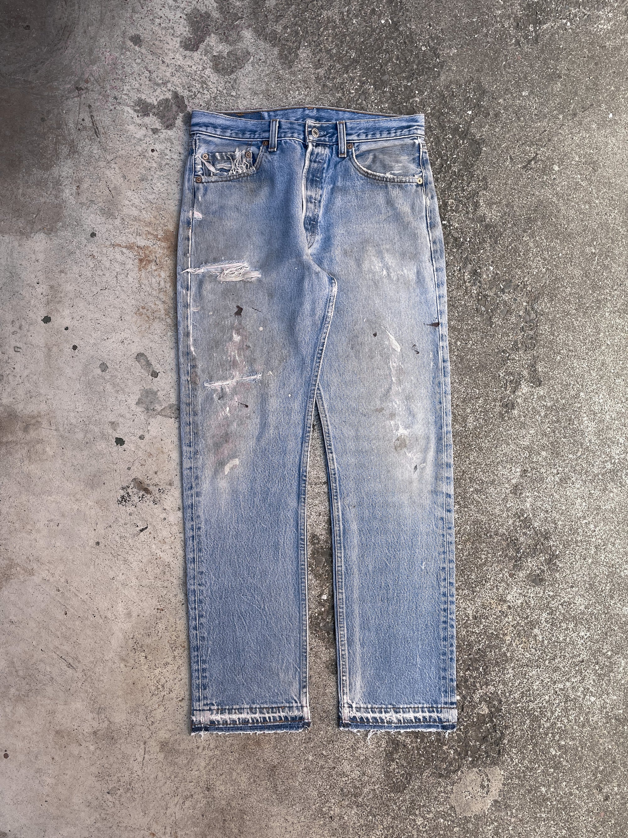 1990s Levi’s Distressed Faded Blue 501XX Released Hem (30X31)