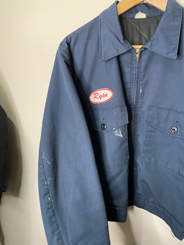 1970s “Ryan” Painted Blue Quilted Liner Work Jacket Talon Zip (S/M)