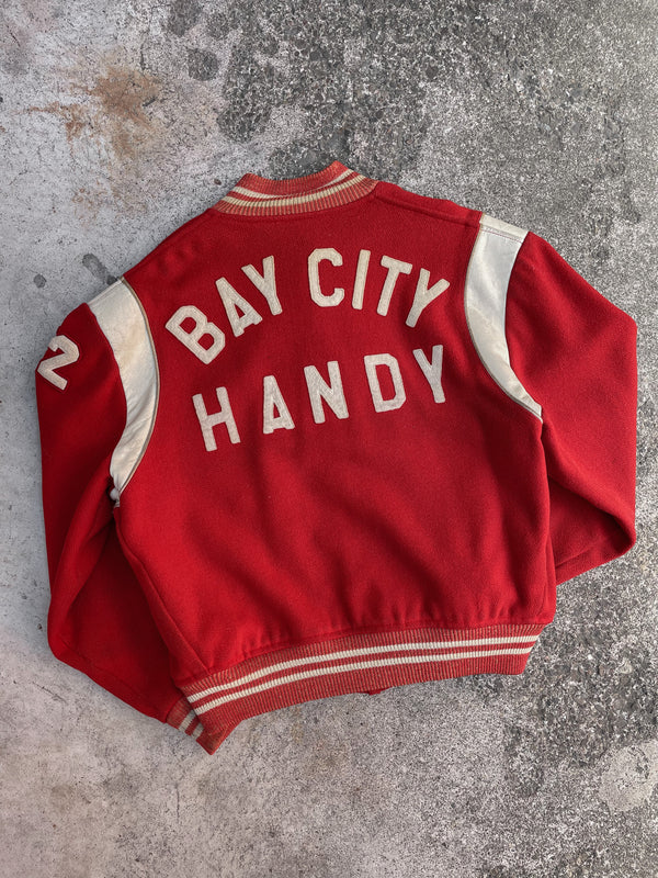 1970s Faded Red “Bay City Handy” Chain Stitched Varsity Jacket