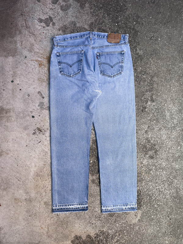 1990s Levi’s Repaired Faded Blue 501 Released Hem (34X30)