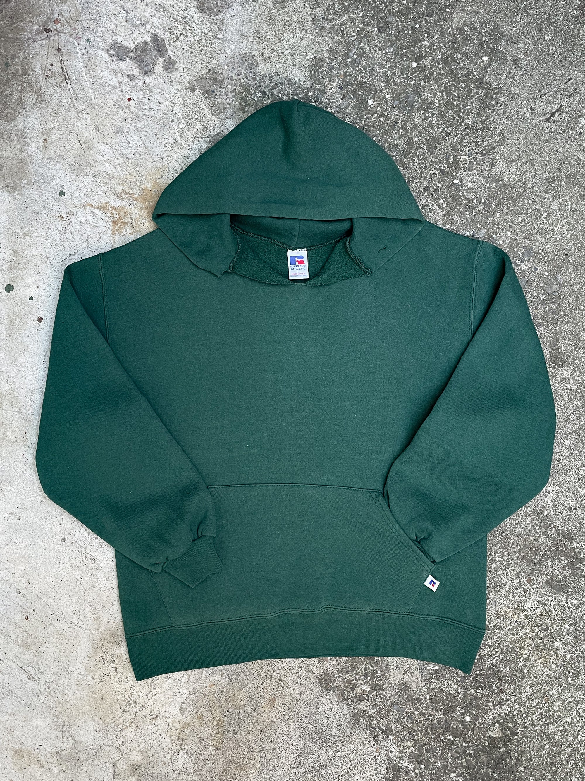 1990s Russell Distressed Faded Green Blank Hoodie (L)