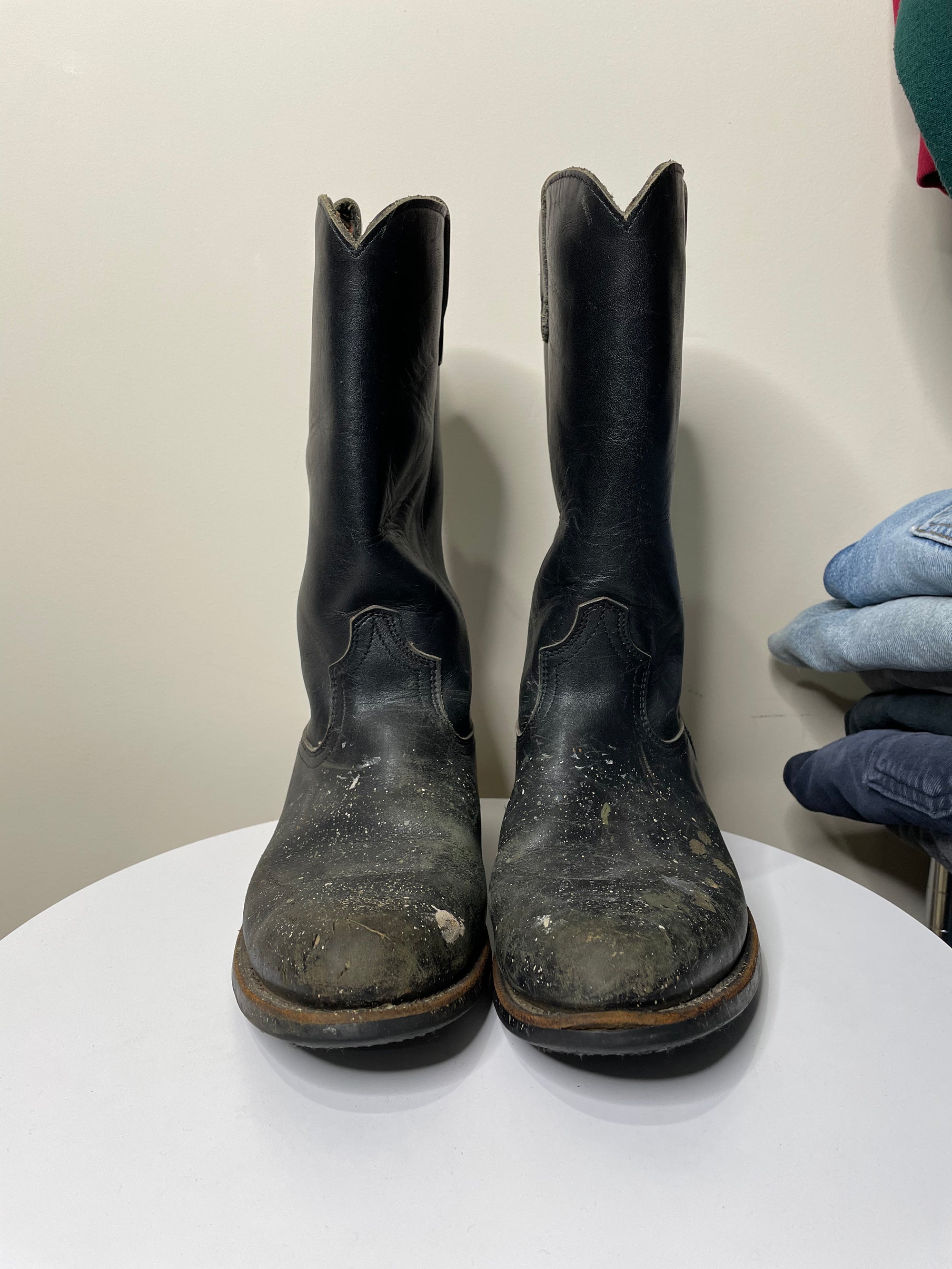 1970s/80s Montgomery Ward Painted Black Leather Goodyear Welt Cowboy Work Boots