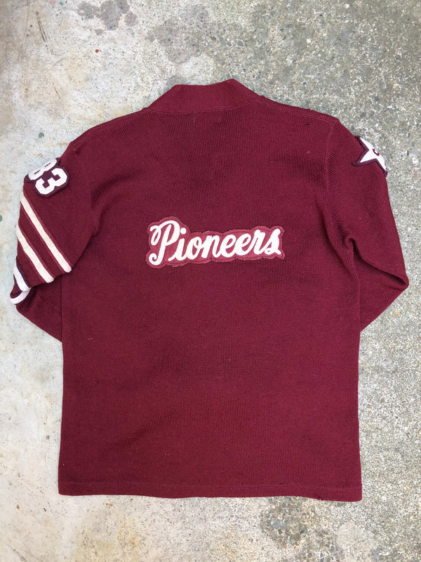 1980s Maroon Chain Stitch “Pioneers” Varsity Cardigan