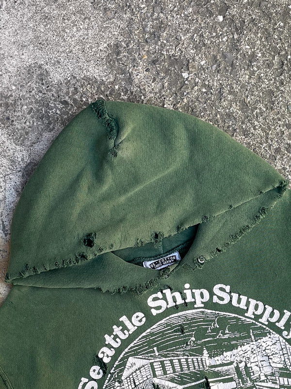 1990s Lee “Seattle Ship Supply” Thrashed Green Cut-Off Weave Hoodie