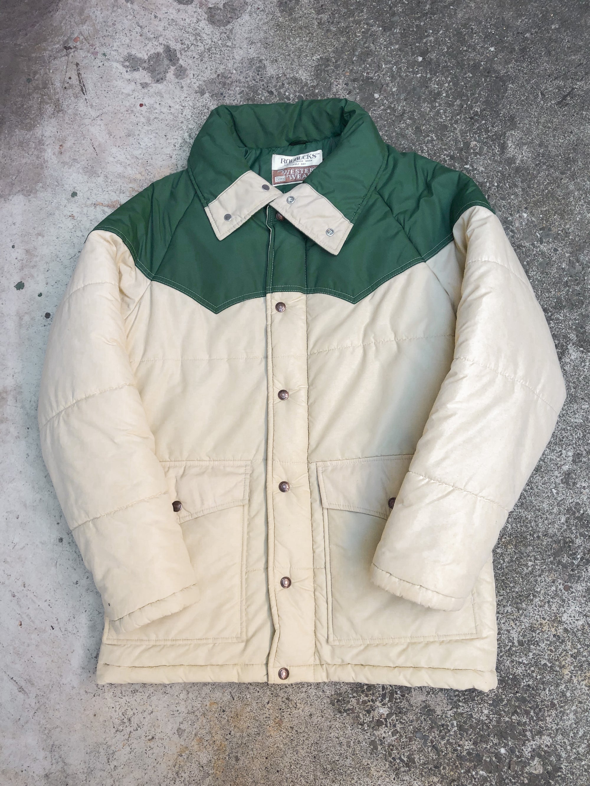 1970s Ivory Pine Green Western Puffer Jacket