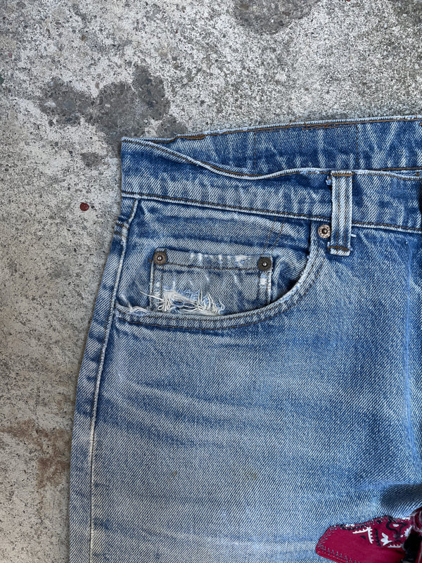 1980s Levis Bandana Repaired Distressed Faded Blue 505 Talon Zip