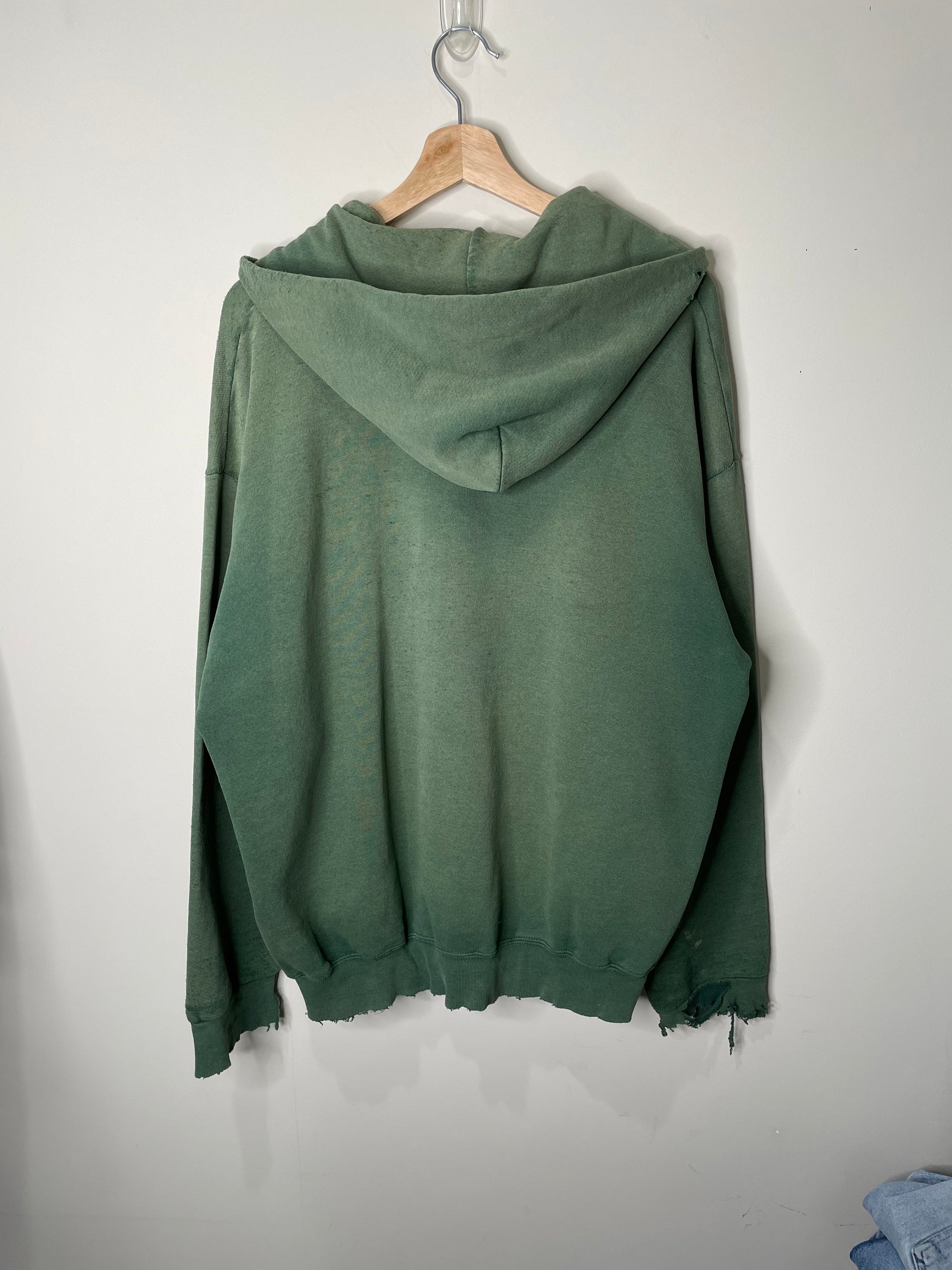 1990s Distressed Sun Faded Green Zip Up Hoodie (L)