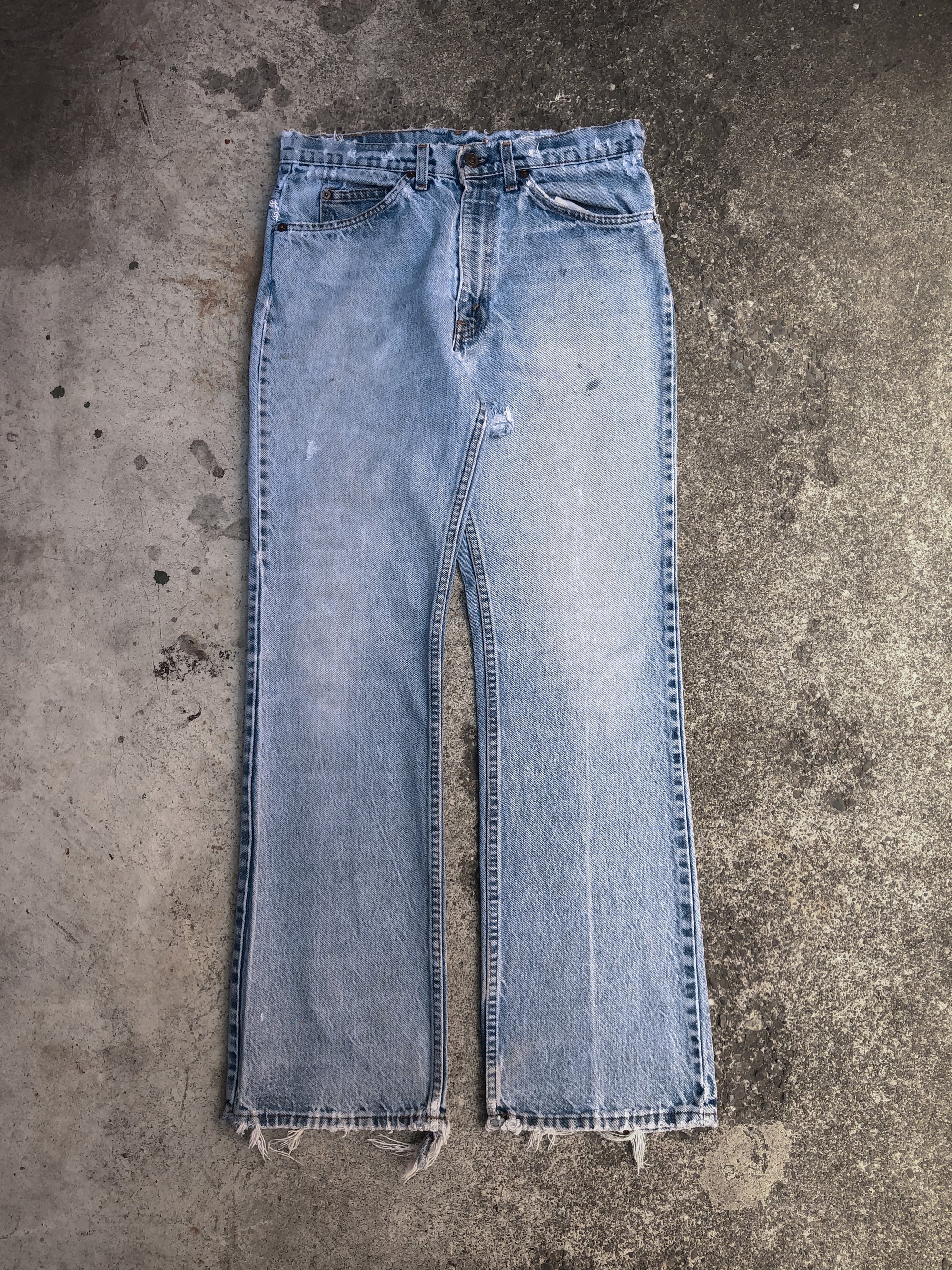 1970s Orange Tab Levis Distressed Faded Blue Flared Denim (31X30)