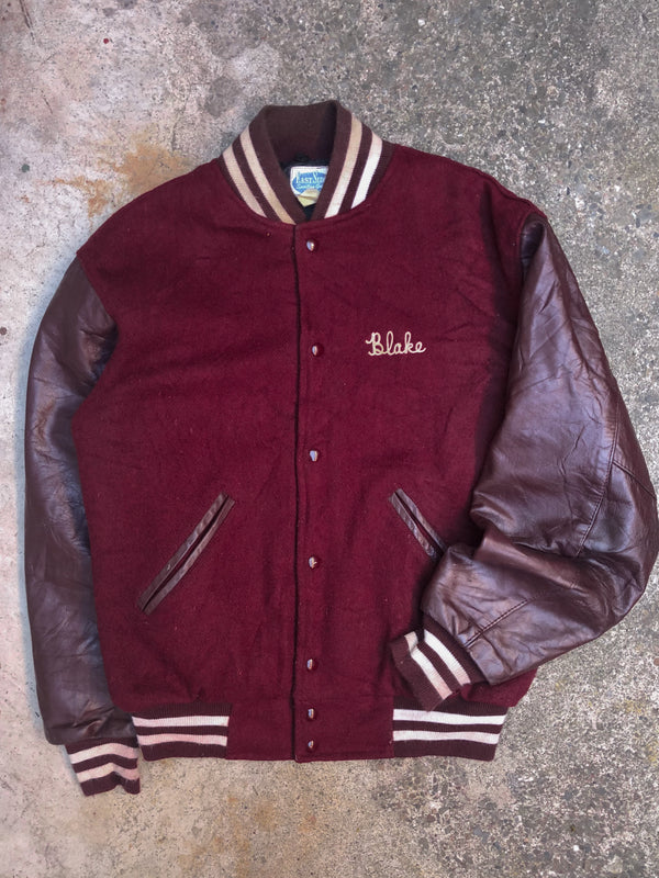 1980s/90s Maroon Chain Stitch “Many Faces Club” Leather Varsity Jacket