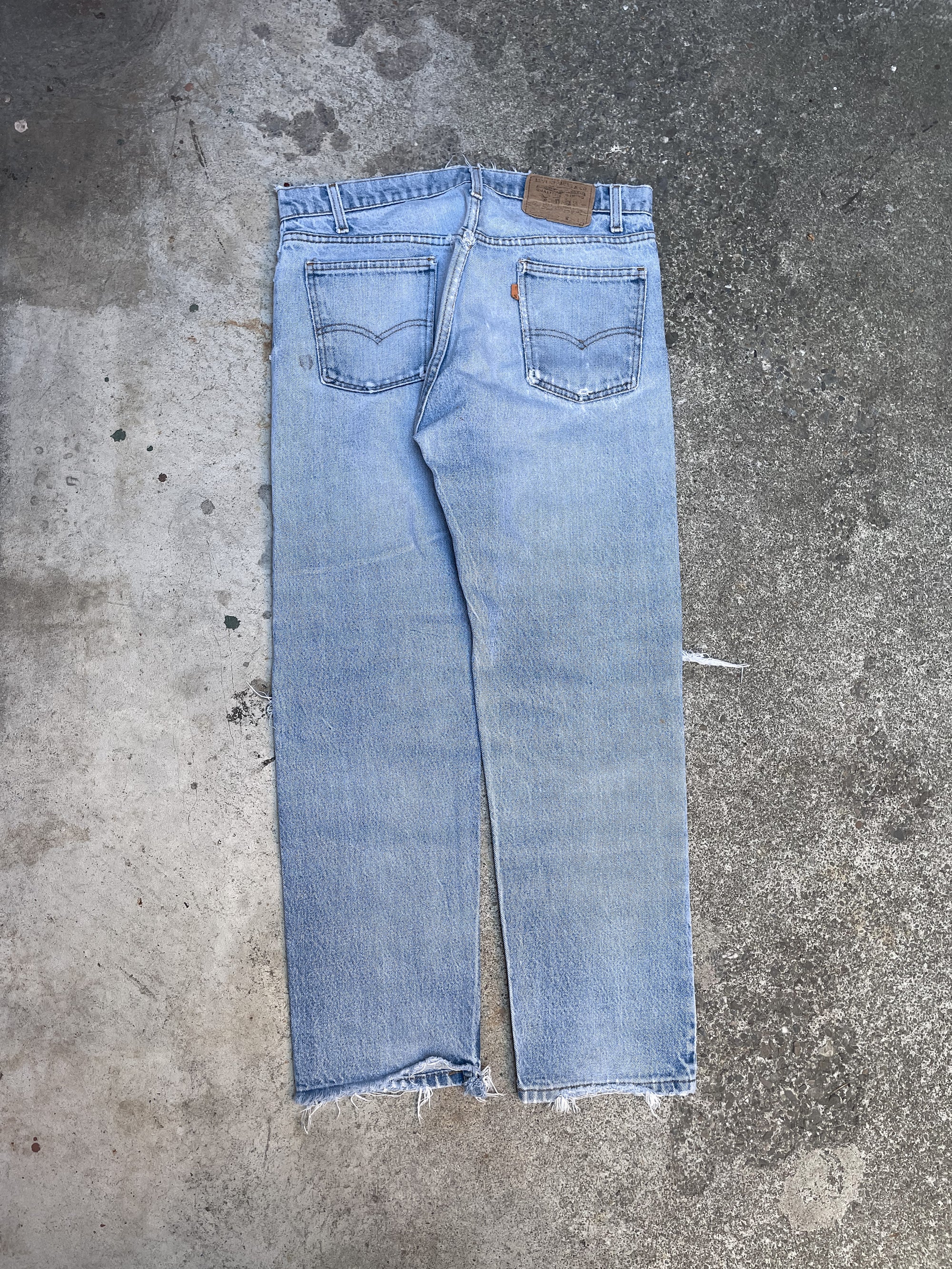 1980s Orange Tab Levis Distressed Faded Blue 505 Talon Zip (33X27)