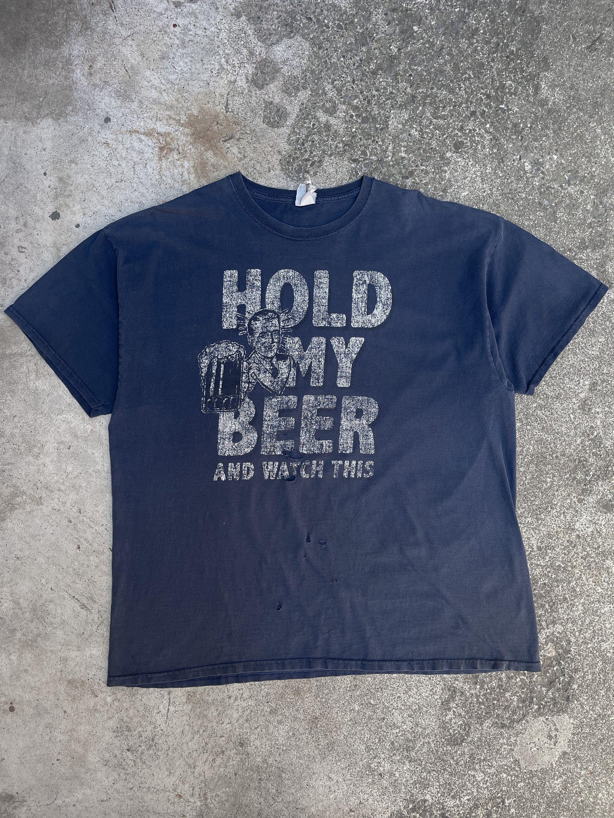 1990s Distressed Faded “Hold My Beer” Navy Tee