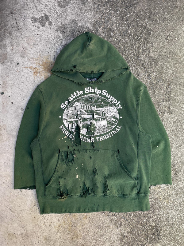 1990s Lee “Seattle Ship Supply” Thrashed Green Cut-Off Weave Hoodie