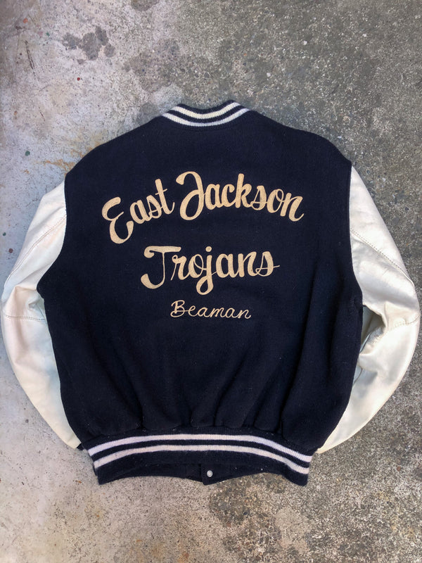 1980s Navy Chain Stitch “East Jackson Trojans” Varsity Jacket