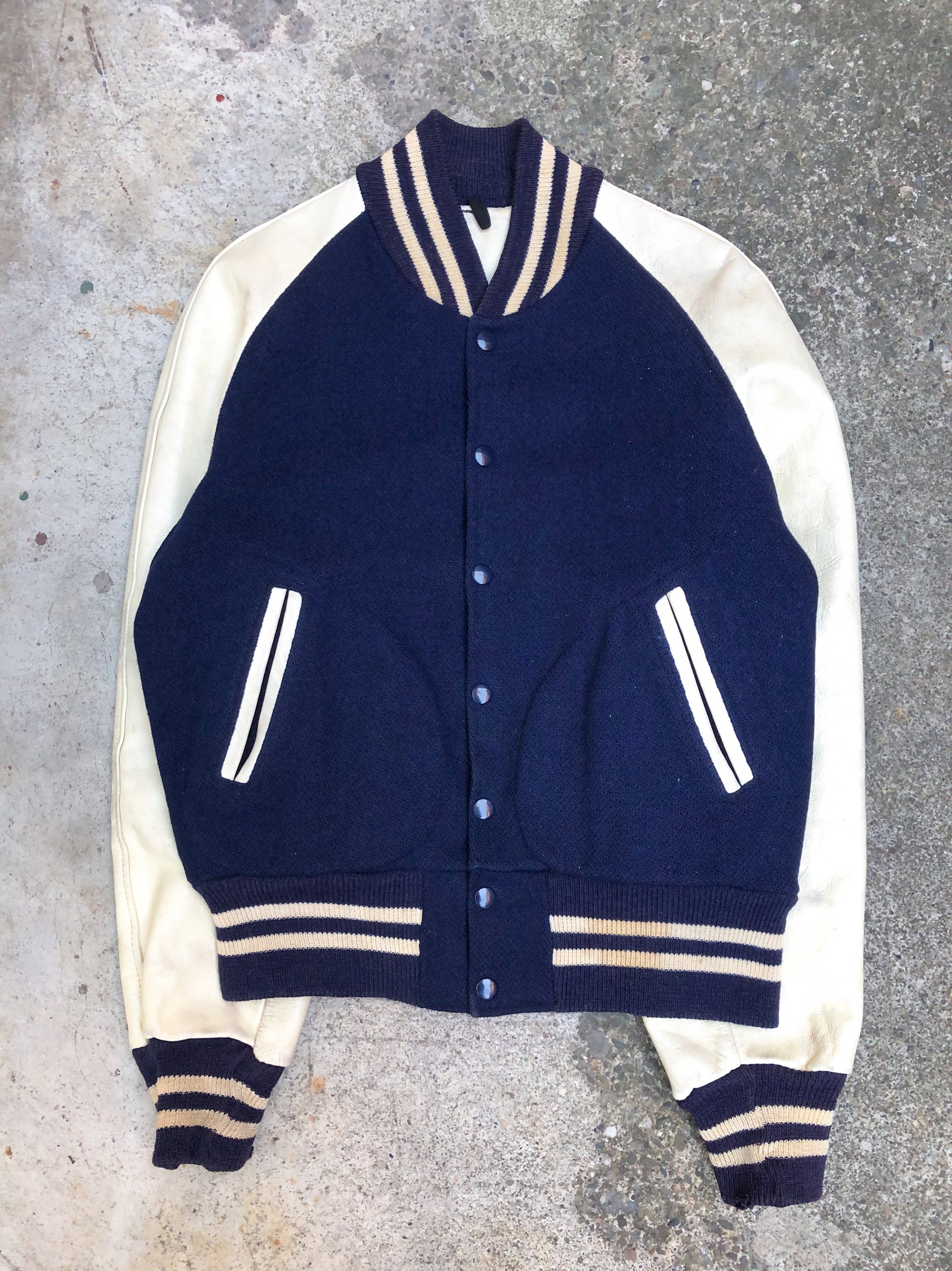 1970s Chain Stitch Navy Cream Leather Varsity Jacket