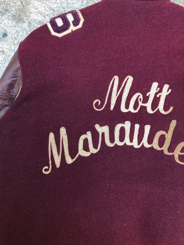 1980s Maroon Chain Stitch “Mott Marauders” Leather Varsity Jacket