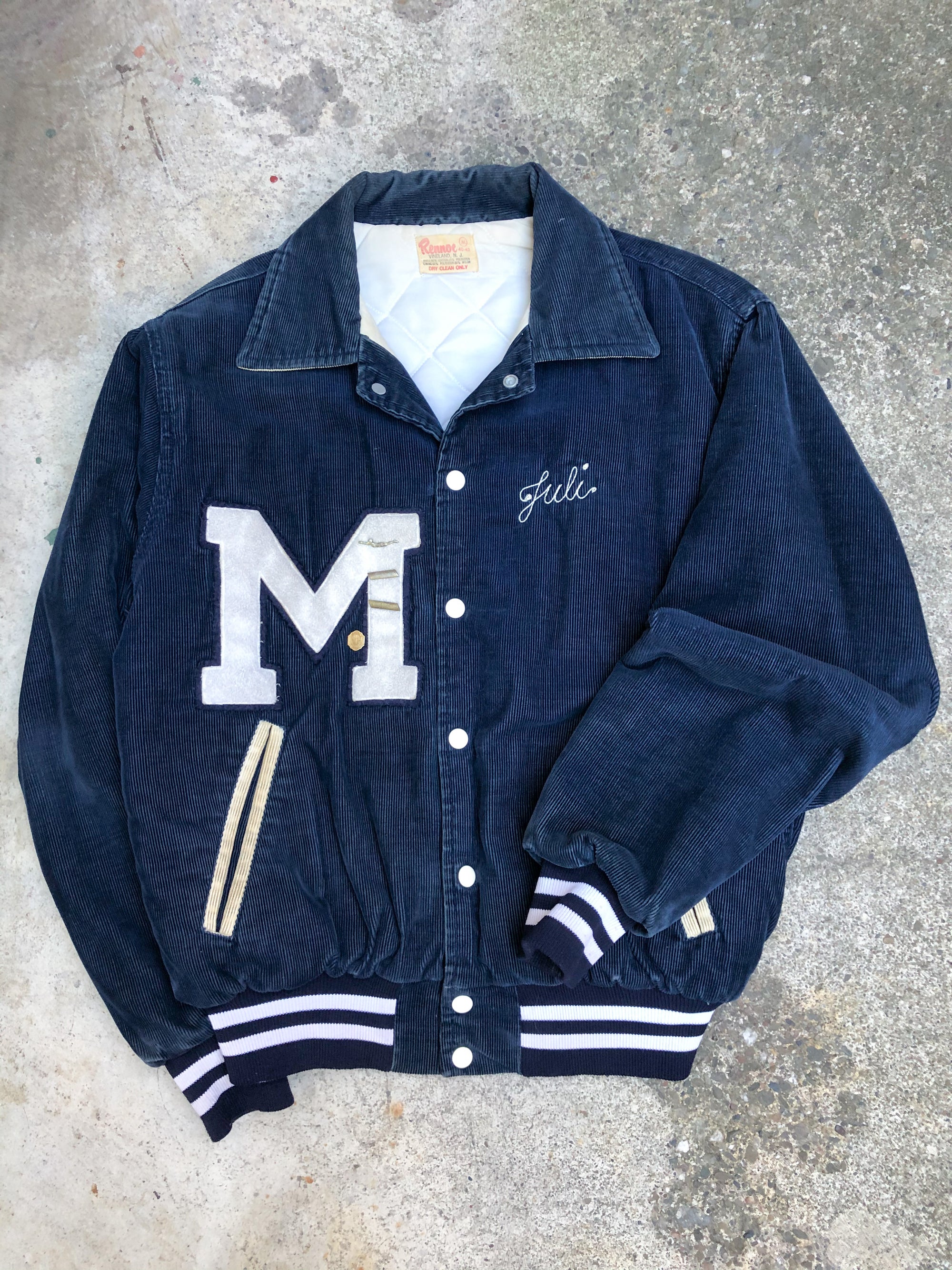 1980s Navy Corduroy Chain Stitch “Mercy Swimming” Varsity Jacket