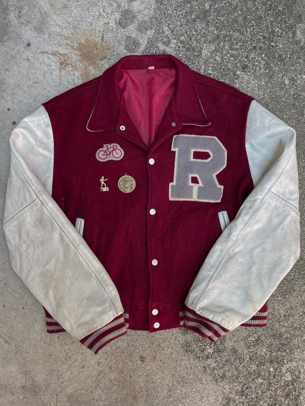 1980s Faded Cardinal Red “R” Bicycle Letterman Leather Jacket