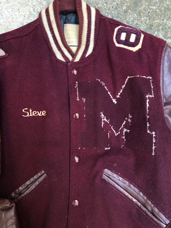 1980s Maroon Chain Stitch “Mott Marauders” Leather Varsity Jacket