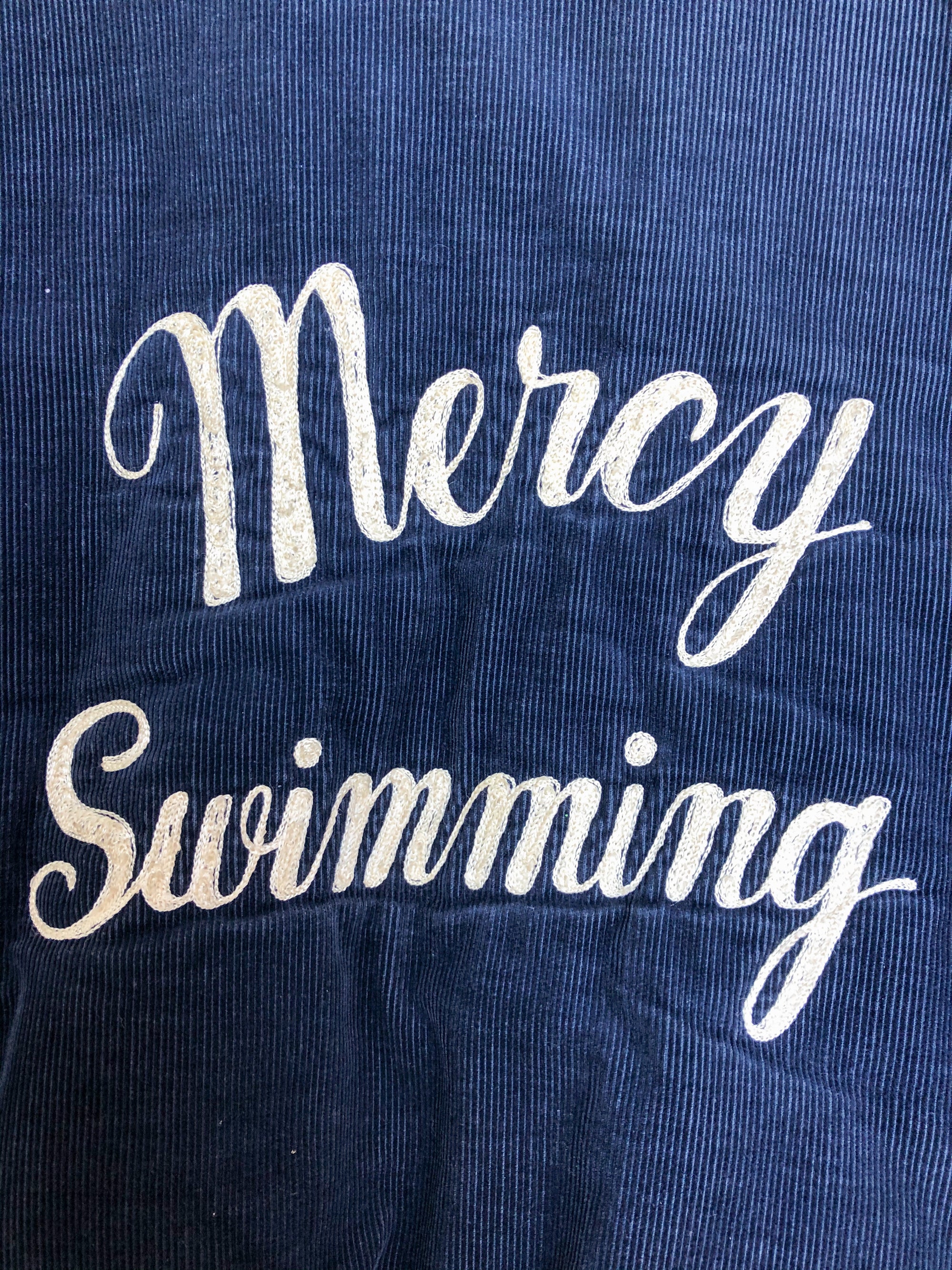 1980s Navy Corduroy Chain Stitch “Mercy Swimming” Varsity Jacket