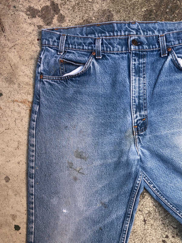 1990s Orange Tab Levis Distressed Blue 505 Released Hem (37X31)