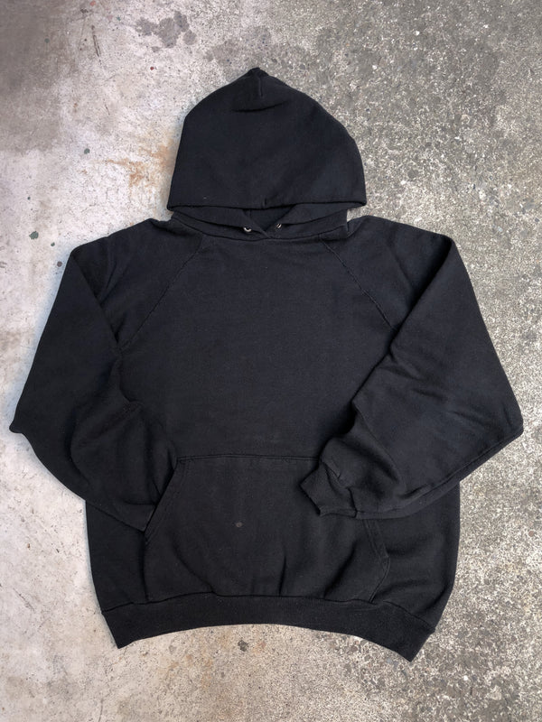 1990s Faded Black Blank Raglan Hoodie Sweatshirt (M/L)