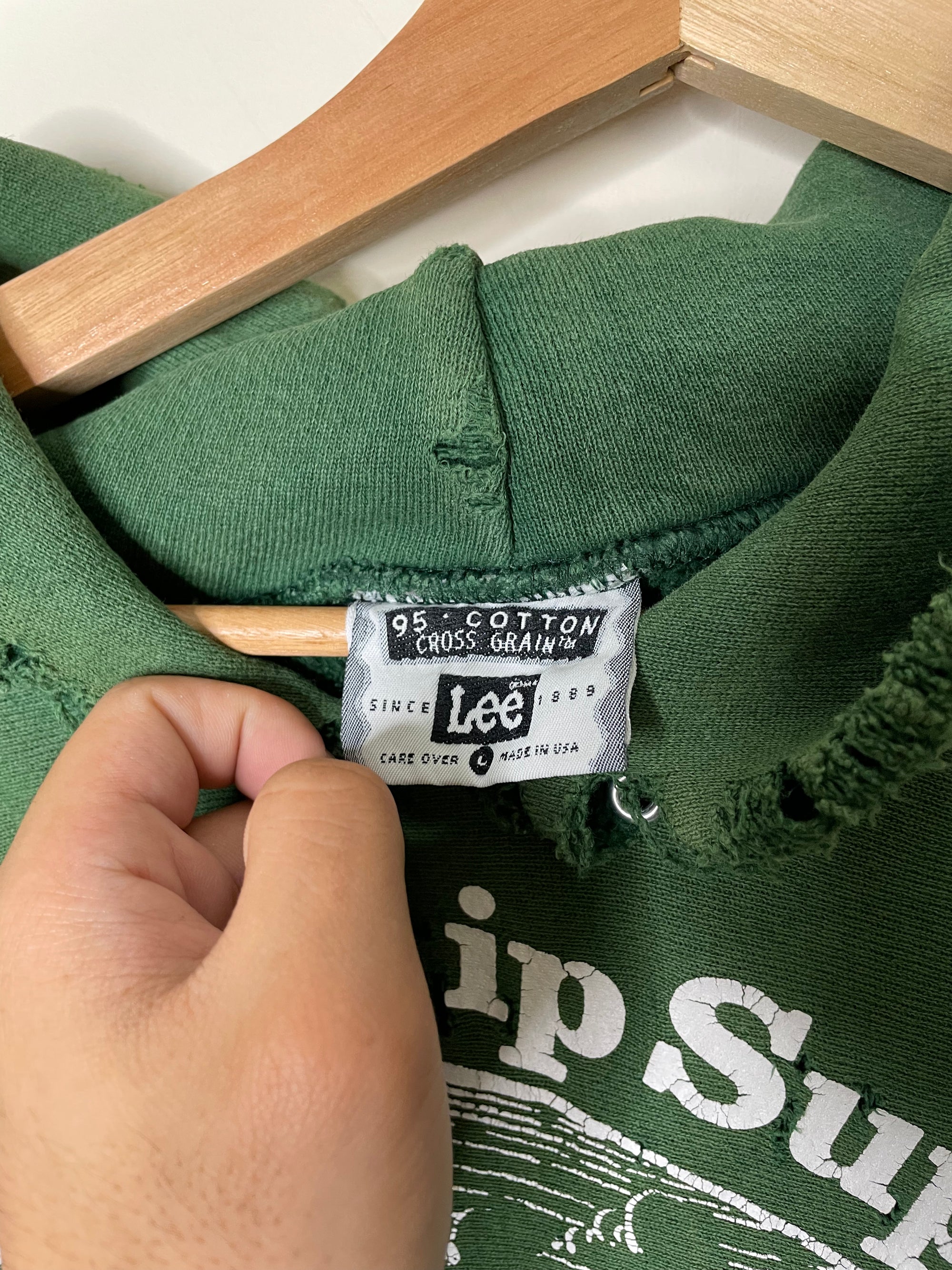 1990s Lee “Seattle Ship Supply” Thrashed Green Cut-Off Weave Hoodie