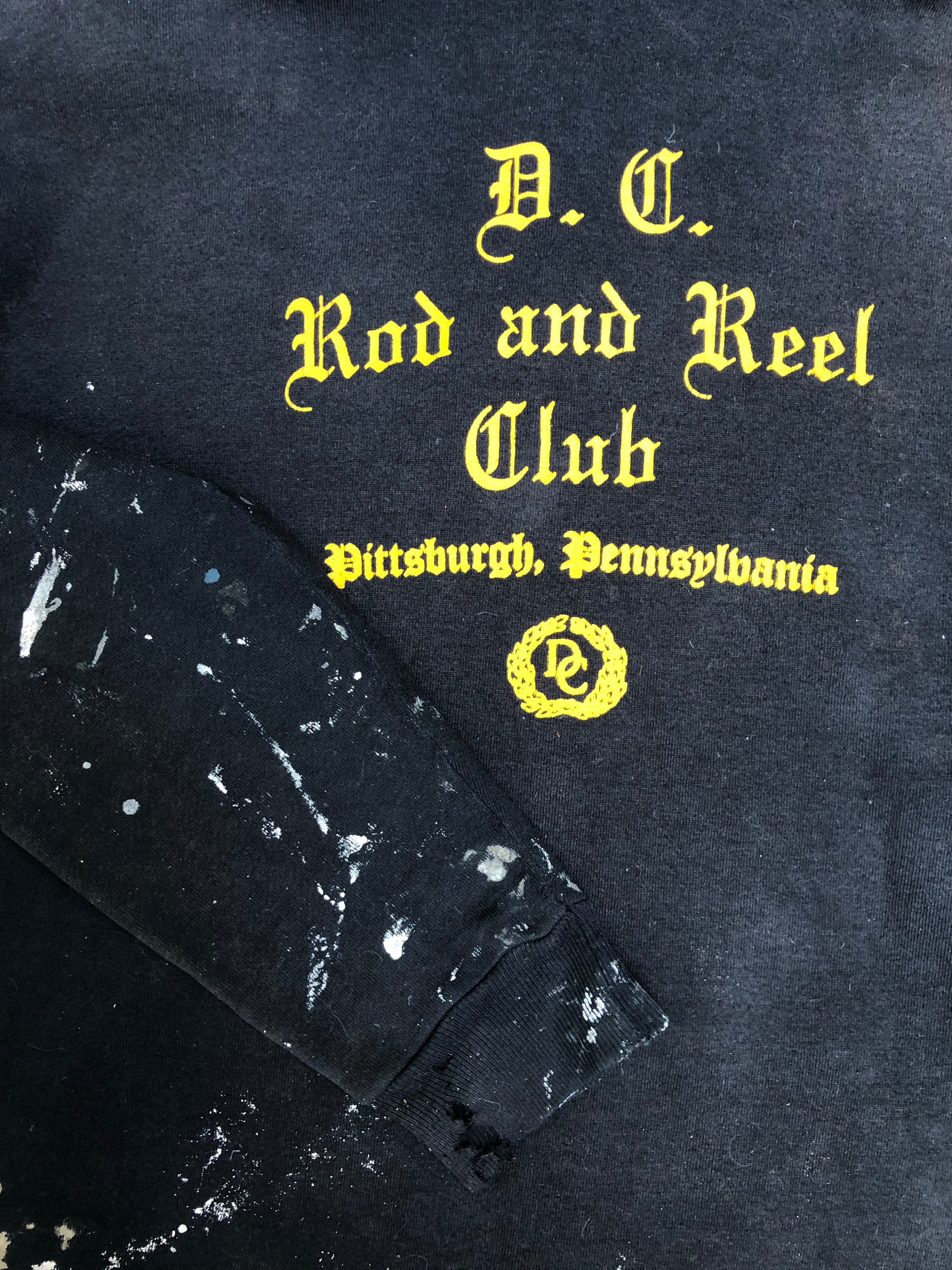 1980s Russell Faded Black Painted “Rod and Reel Club” Hoodie