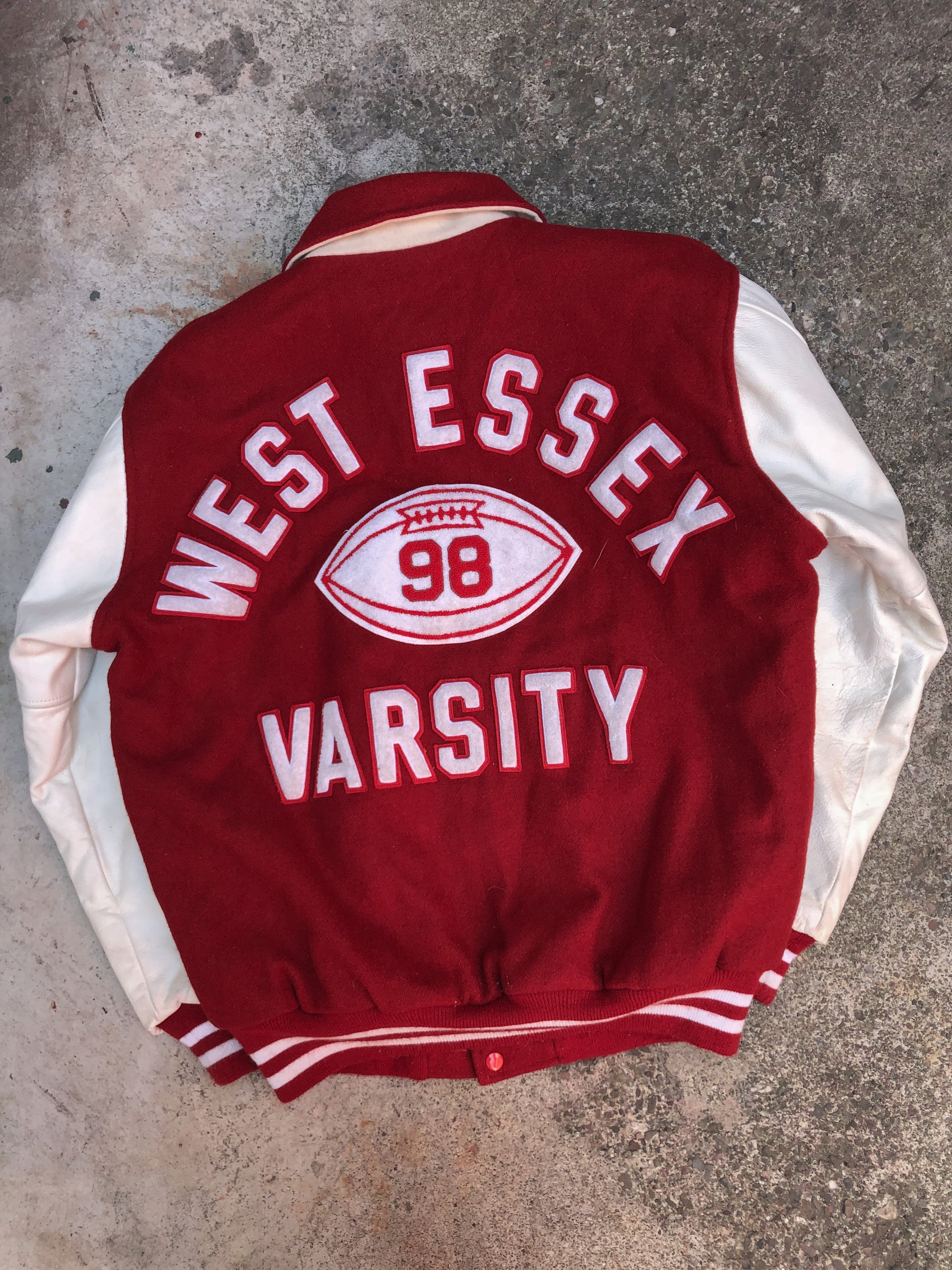 1990s Faded Red Chain Stitch “West Essex” Varsity Letterman Jacket