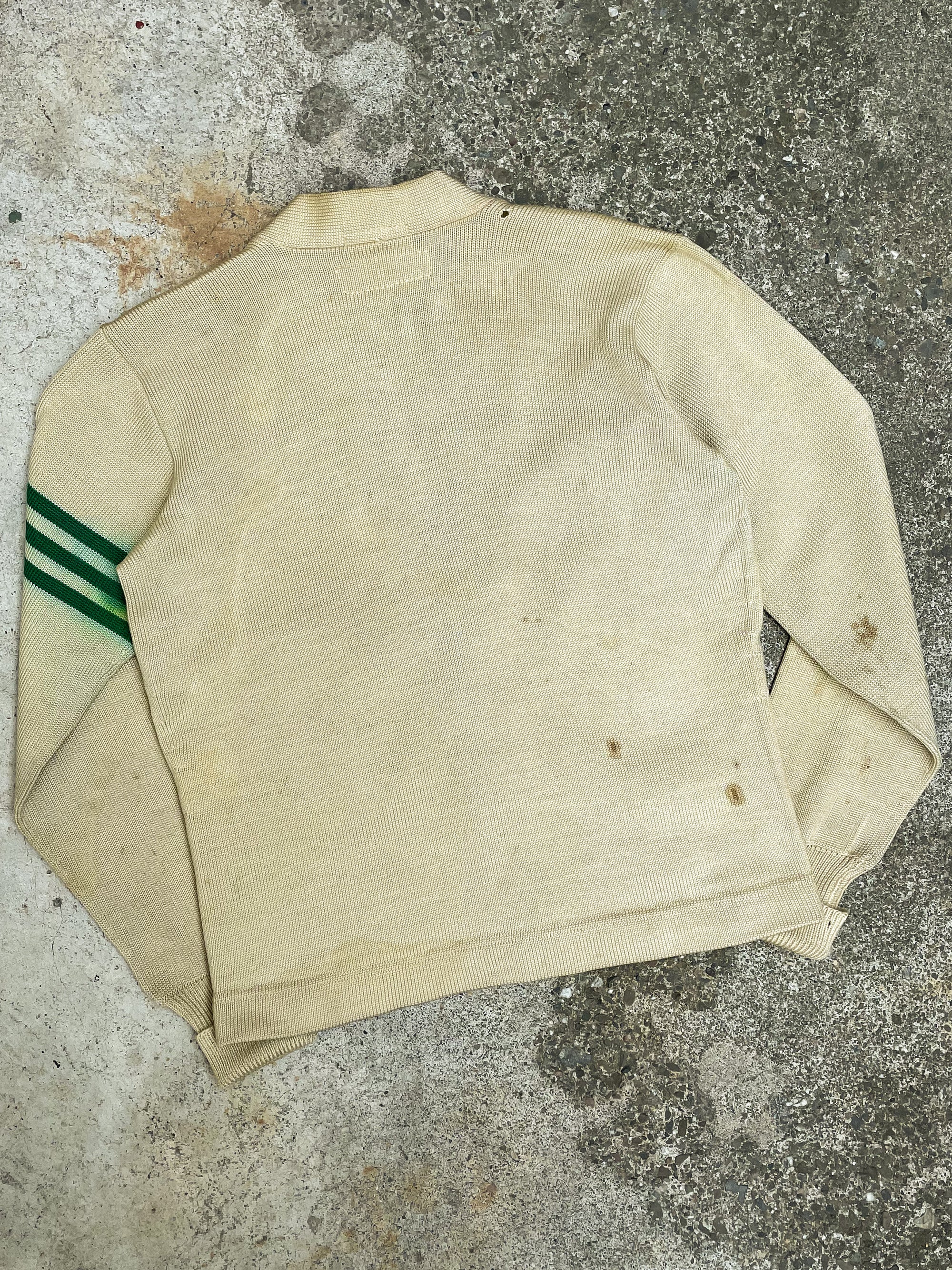 1950s/60s “H” Cream Green Knitted Varsity Cardigan (M)