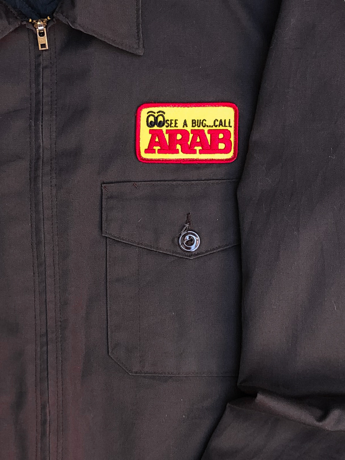 1980s Chocolate Brown Chain Stitch “Call ARAB” Talon Zip Lined Work Jacket