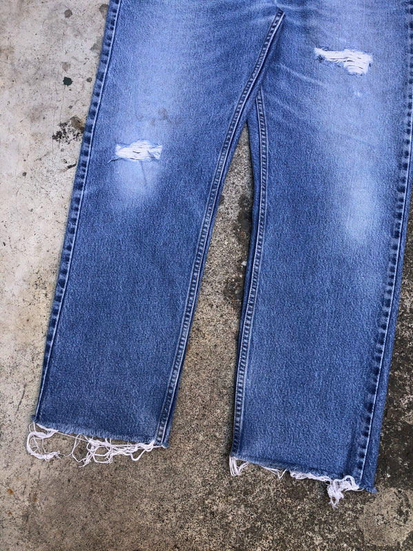 1990s Orange Tab Levis Distressed Blue 505 Raw Hem (36X28)