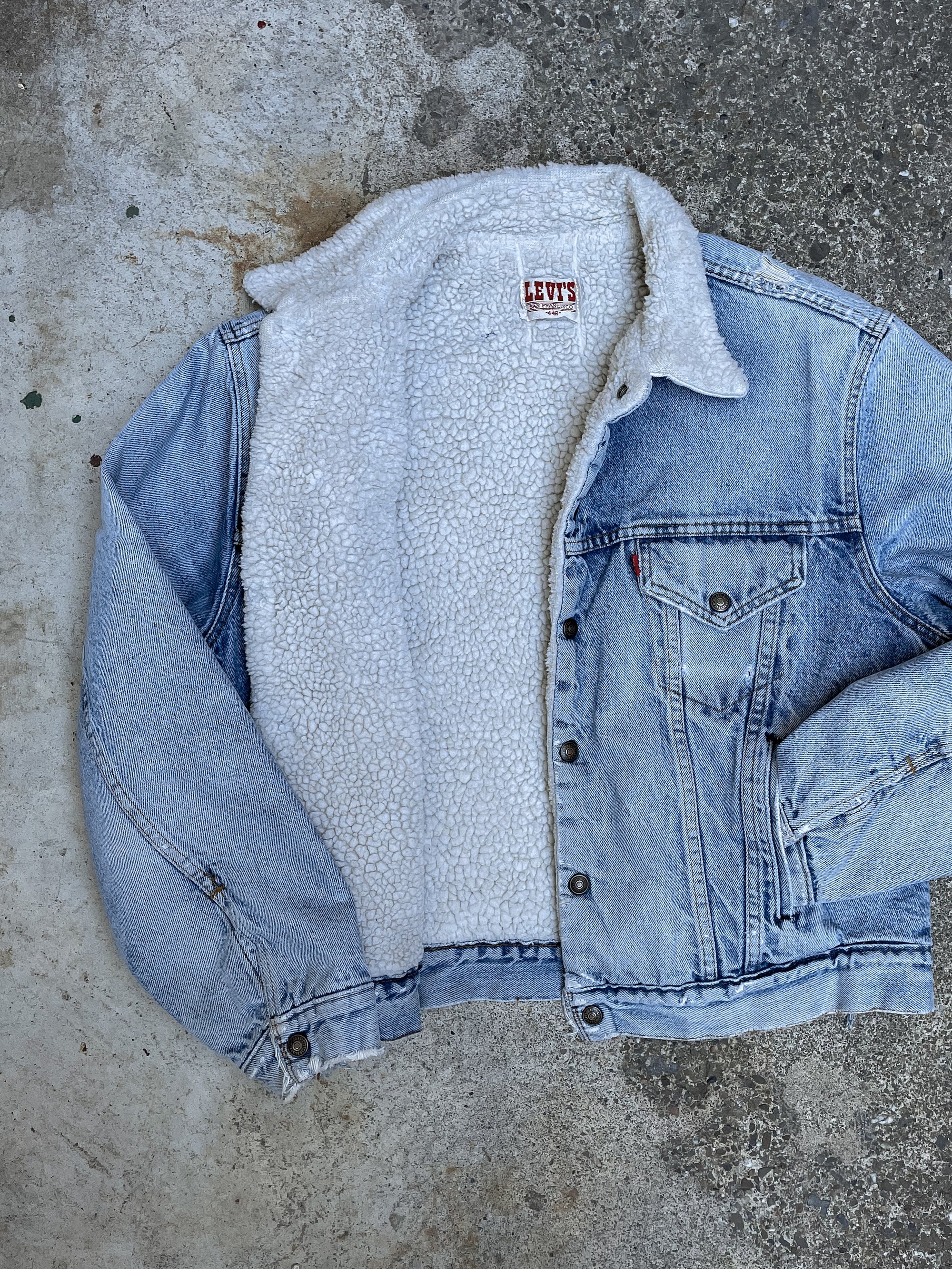 1980s Levi’s Distressed Faded Blue Sherpa Denim Jacket