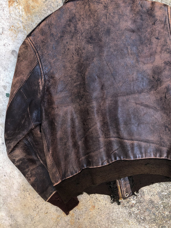 1950s Penney Distressed Faded Chocolate Brown Leather Jacket (M)