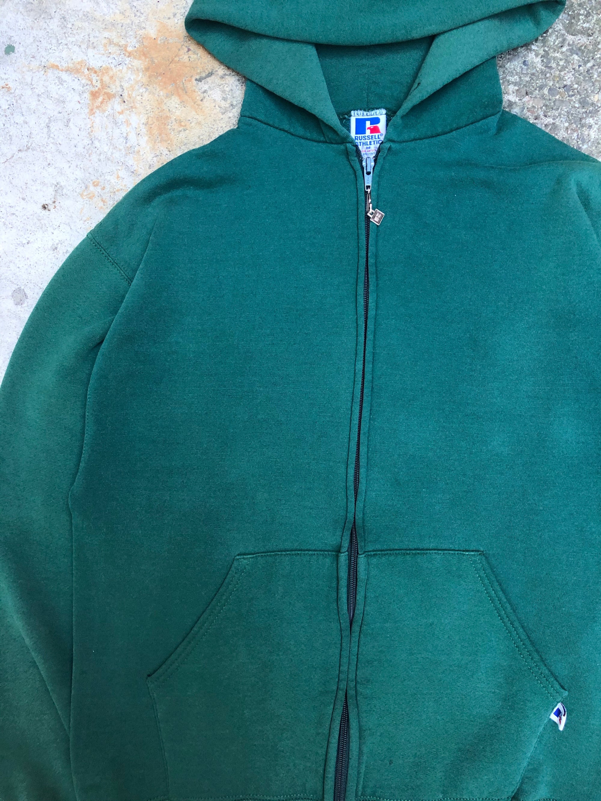 1990s Russell Faded Green Blank Zip Up Hoodie