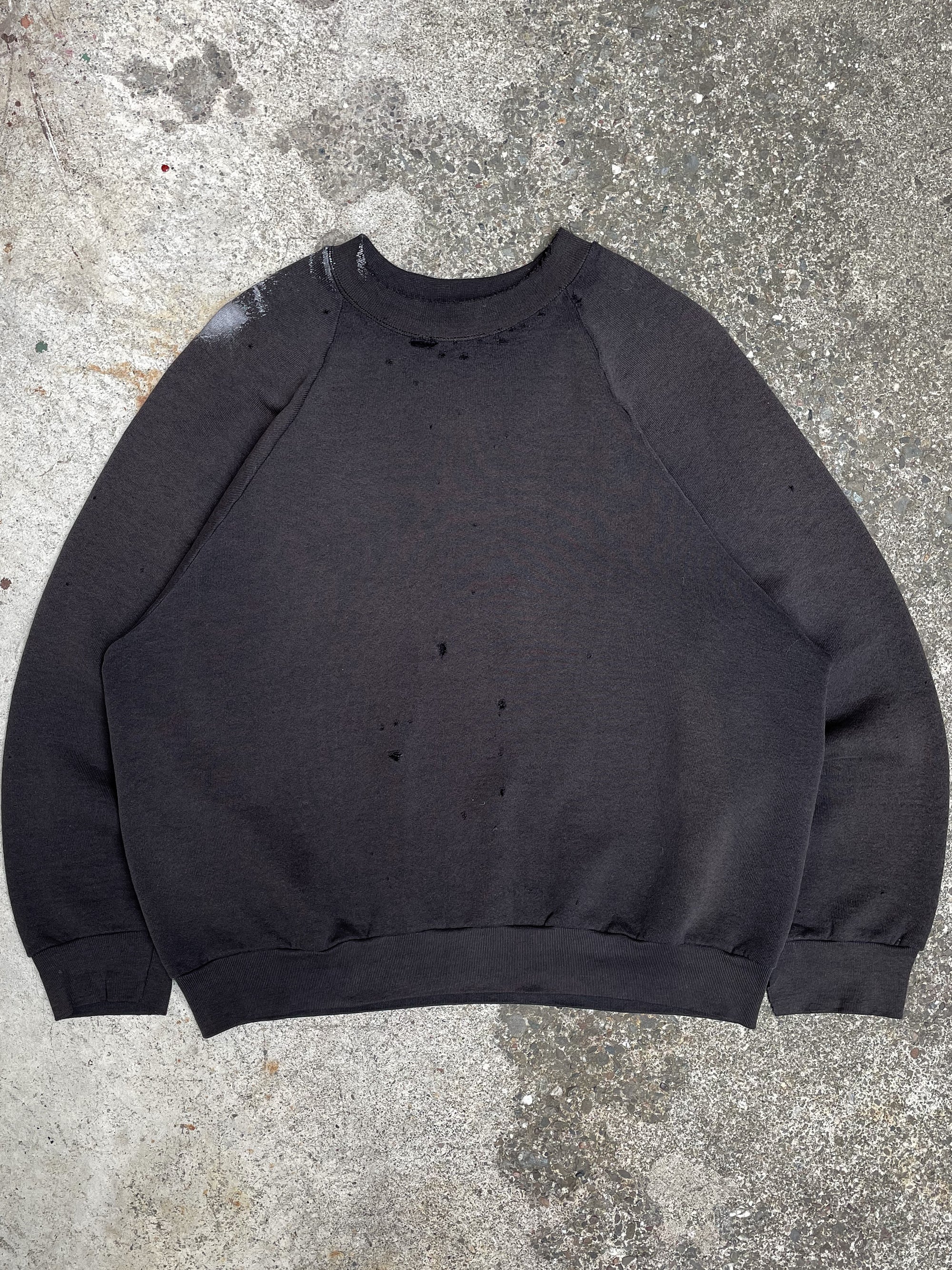 1990s Thrashed Painted Black Boxy Raglan Sweatshirt (M)