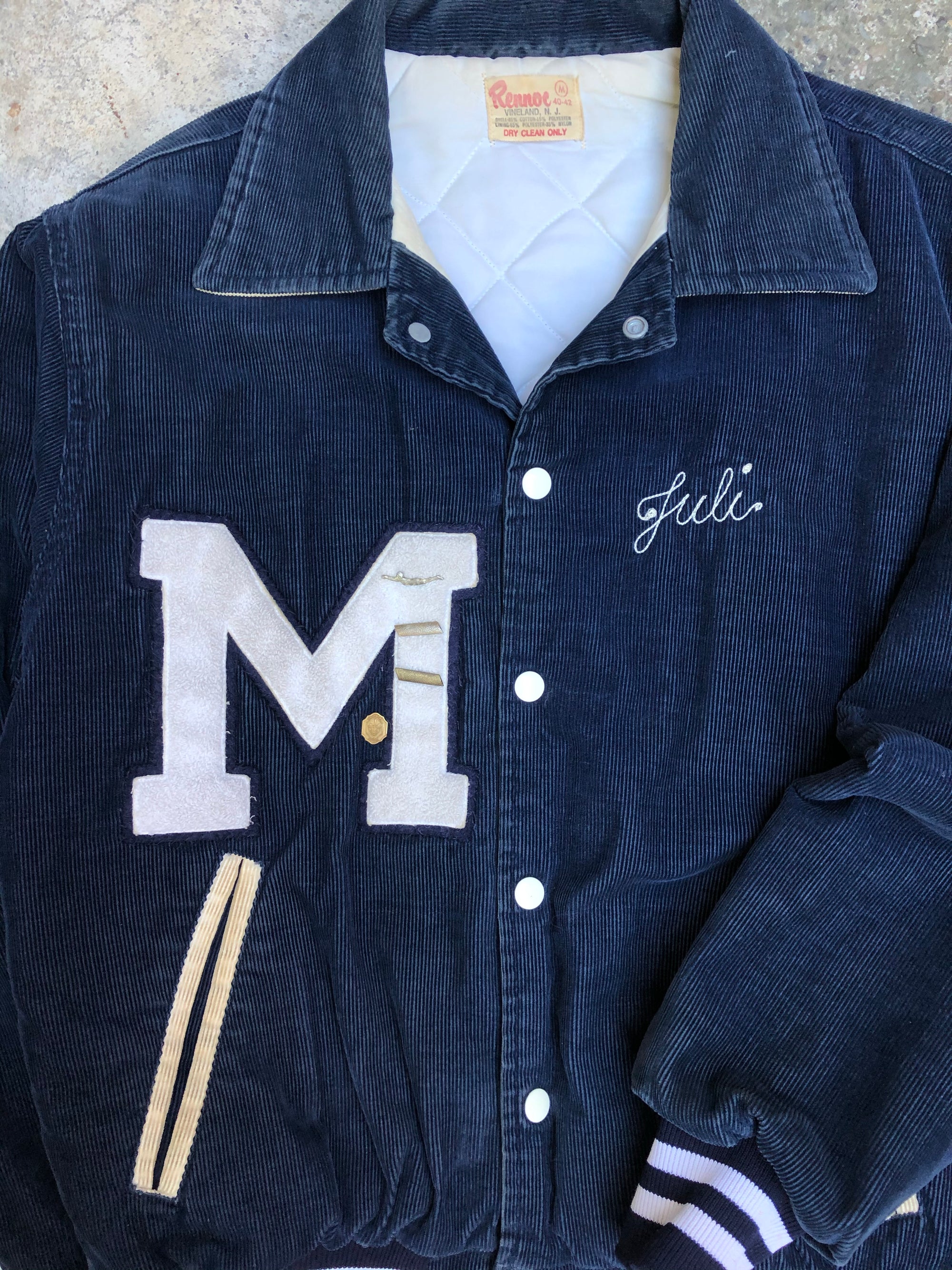 1980s Navy Corduroy Chain Stitch “Mercy Swimming” Varsity Jacket