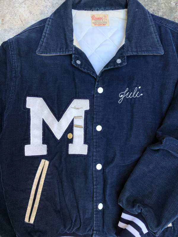 1980s Navy Corduroy Chain Stitch “Mercy Swimming” Varsity Jacket