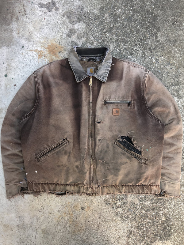 Vintage Carhartt Sun Faded Dark Brown Thrashed Lined Work Jacket (XL)