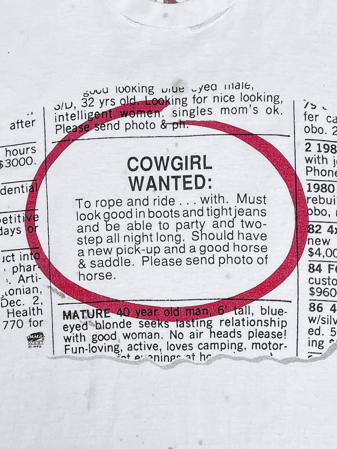 1990s “Cowgirl Wanted” Single Stitched Tee