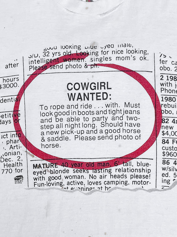 1990s “Cowgirl Wanted” Single Stitched Tee