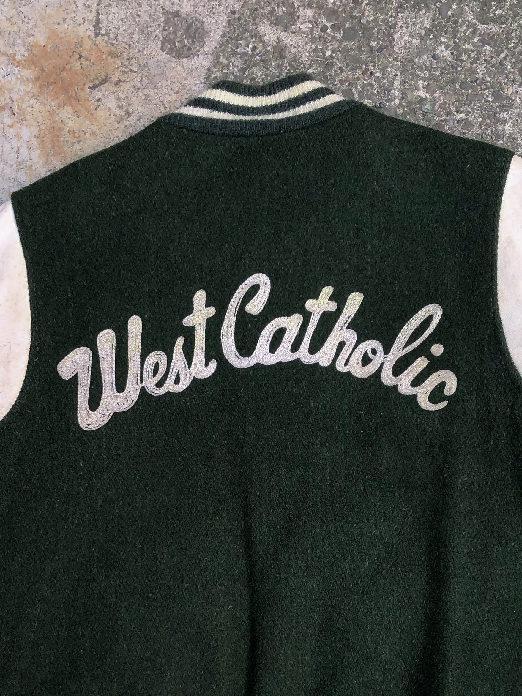 1980s Forest Green Chain Stitch “West Catholic” Varsity Letterman Jacket