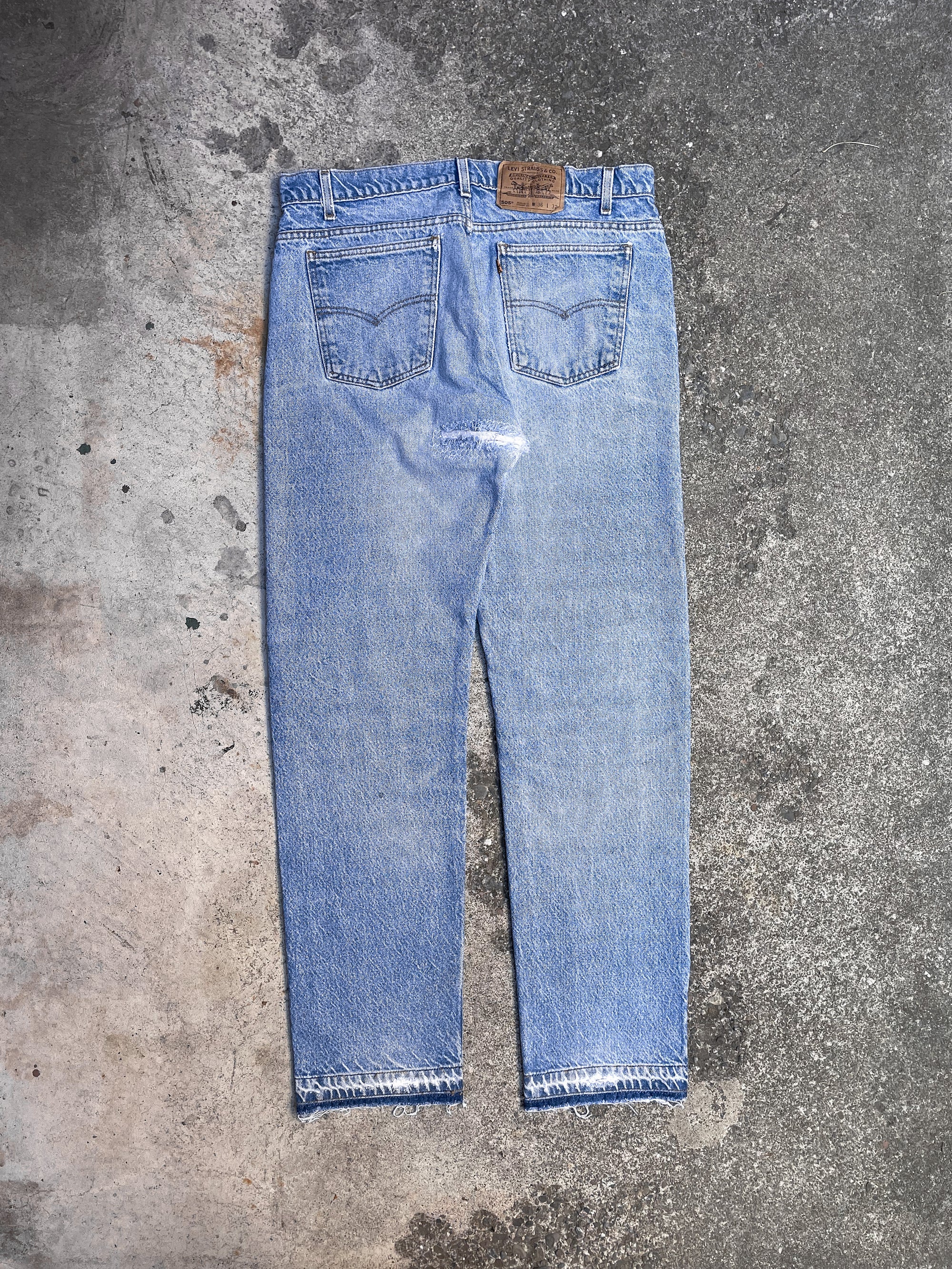 1990s Orange Tab Levi’s Repaired Faded Blue 505 Released Hem (34X32)